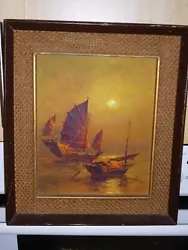 Buy Vintage Oil Painting On Canvas Asian Boats Sign S T Yong 41 X 36 Cm • 28.99£