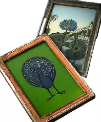 Buy Indian Reverse Glass Painting Pair Water Lilles & Peacock Vintage Art Deco Frame • 42.50£