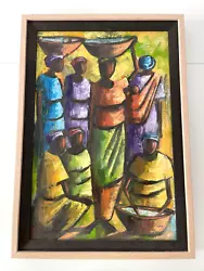 Buy Caribbean Original Folk Art Painting Villagers Signed Vintage Canvas Framed • 461.03£