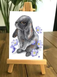 Buy ACEO Watercolor Print Cute Bunny And Blue Flowers Painting • 3.50£
