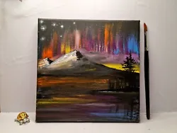 Buy Original On Canvas, Aurora Lights Mountains Acrylic Painting, 20 By 20 Cm • 18.77£