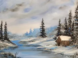 Buy Snowy Cabin Oil Painting Done In The Bob Ross Wet On Wet Style. 16x20 • 57.05£