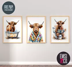 Buy Funny Bathroom Highland Cow On Toilet X3 Print Picture Animal Wall Art Gift • 6.99£