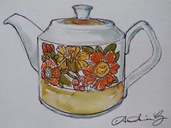 Buy Original Watercolour Painting Of A 1970's Antique Vintage Sadler Flower Teapot • 29.99£