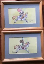 Buy Artist Peter S 1996 Two Framed Nursery Watercolours Bears On Carousel Horses • 8£