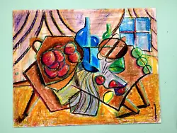 Buy Cubist Still Life Oil Pastel Painting Fruit Bottles Original Cubism Wall Art • 75£