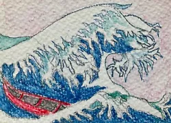 Buy ACEO Original Miniature Watercolour  pencil Painting Of Hokusai Wave And Boat. • 3£