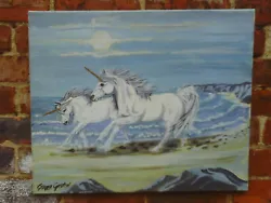 Buy Vintage Unframed Oil Painting On Canvas Of Unicorns On Beach -Not Horses -Signed • 24£