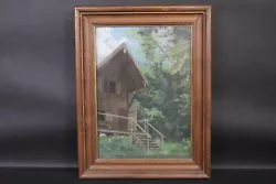 Buy * Beautiful Antique Pastel Painting With Frame, Log Cabin In The Woods, Circa 1870-1890 * • 42.90£