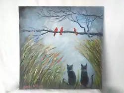 Buy Original Acrylic Painting Cats Cardinal Birds Field  12x12 Canvas Panel Wall Art • 40.66£