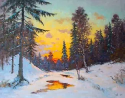 Buy Large Original Winter Snowy Sunset Forest Landscape Painting Art Alexandrovsky • 783.56£