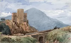 Buy CASTLE & BRIDGE MOUNTAIN LANDSCAPE Victorian Watercolour Painting 19TH CENTURY • 30£