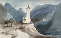 Buy MOUNTAIN CHURCH IN LANDSCAPE TYROL Small Watercolour Painting C1840 GRAND TOUR • 40£