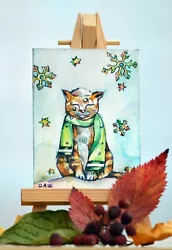 Buy ACEO Original Miniature Watercolour Painting, Art Card Animal, Cat Autumn Winter • 11.99£