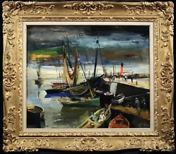 Buy Olivier Foss (1920-2014) Large Signed French Oil Canvas - Boats Harbour Sunset • 141£
