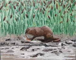 Buy Oil Painting River Otter Eating Fish Cattails Landscape Animal Art A. Joli • 82.69£