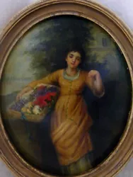 Buy Antique Oval Painting, Young Lady & Flowers C1890 • 90£