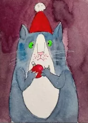 Buy NEW! ACEO  Original Handmade Painting Big Funny Cat Feline  CHRISTMAS Ball Nadia • 7.10£