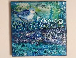 Buy Original Abstract Ocean Seascape Acyrlic Painting Sandpiper Bird Iridescent Blue • 126.06£