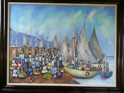 Buy Haitian-Suarez Gervais 'Fishing Village' 1979 LARGE-Palette Knife Painting-40x36 • 2,953.10£