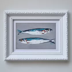 Buy Original Oil Painting Still Life Artwork Fish Sardines Food Kitchen Art Framed • 69.50£