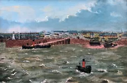 Buy Original Antique Original Signed Oil Painting Town Harbour Scene & Steam Boats • 93£