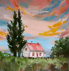 Buy Oil Painting Sunset Original Landscape Art Signed Oil Painting Pink Sky 6x6 • 18.21£