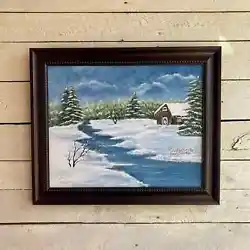 Buy Bob Ross Style Primitive Landscape Oil Painting Frame Trees House Winter Scene  • 236.25£
