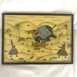 Buy Antique Indian Painting On Silk Elephant Tiger Dogs Hunting Mughal Framed Art • 59£
