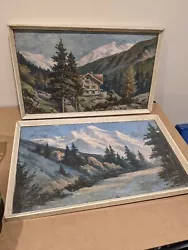 Buy Mid Century Landscape Paintings Pair Two Mountain Lake Cabin  Forest MCM Vintage • 45£
