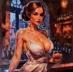 Buy Original Mario Mendoza  Female Woman Oil Painting Art Bar Dress Glass Wine Hair • 1,500£