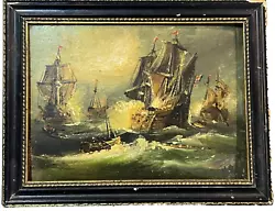 Buy Interesting Antique Miniature Oil Painting Ships At Sea Signed.  V.B  Dated 1907 • 0.01£