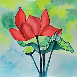 Buy Original Watercolor Art: Captivating Lotus Red Flower Blossom In Stunning • 28.94£