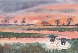 Buy SHEEP AT SUNDOWN - Original Watercolour Painting By ADRIAN APPLEBY • 10£