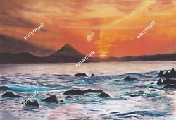 Buy Print Oil Painting Lake Sunset Hills Nature Waves Clouds Orange Sky • 2£