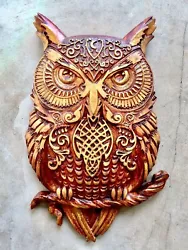 Buy Wood Carved Golden Owl  Sculpture Home Wooden Wall Art Decor Plaque Figurine • 32.42£