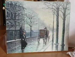 Buy Vintage Oil Painting Of A Victorian Town/City Scene Winter Horses Carriage Lady • 35£