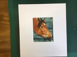 Buy Original Mounted Miniature Watercolour Of A  Chestnut Horse Drinking • 7.50£