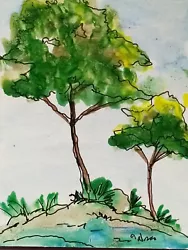 Buy ACEO Original Acrylic Painting Miniature Line & Wash Art Trees On The Mountains • 4.95£