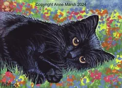 Buy ACEO ATC Original Cat Kitten Watercolour Painting Flowers Anne Marsh Feline Art • 42.55£