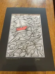 Buy Original Art Troubled Waters Boat On Sea Line Drawing Black White Red Dominic • 120£
