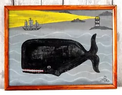 Buy Original Naive Whale Painting Folk Art Seaside Coast In Vintage Wooden Frame • 145£