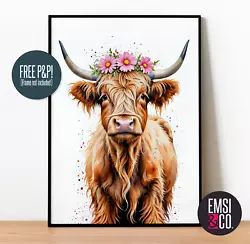 Buy Highland Cow Print Picture With Flower Garland WALL ART Nursery Unframed Pink • 3.99£