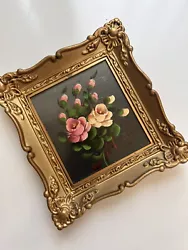 Buy VTG Pink + Yellow Flower Floral Oil Painting Gold Framed 15cm X 16cm • 15£