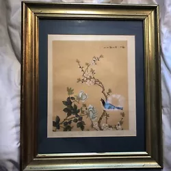 Buy Framed Art Blue Bird And Cherry Blossom On Silk With Brocade Mat 20x24 • 24.81£