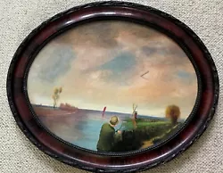 Buy Early C20th Framed Oval Seascape With Fisherman & Distant Windmill On Cloudy Day • 12£
