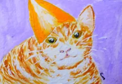 Buy  Cat Wearing A Yellow Hat ! Aceo ORIGINAL UNFRAMED  Acrylic Painting  • 3.99£