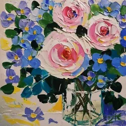 Buy Peonies Painting Forget-me-nots Original Artwork Floral Art Impasto 6x6  • 43.13£
