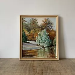 Buy Vintage Oil Board Framed Forest Woodland Landscape Trees Lake River Painting • 35£