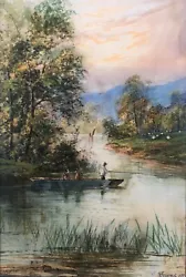 Buy E Lewis Signed Original Antique Watercolour Painting Fishing Lake Landscape • 53£
